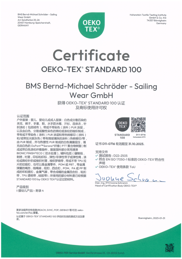 Zertifikat OekoTex Standard 100 Produktklasse 1