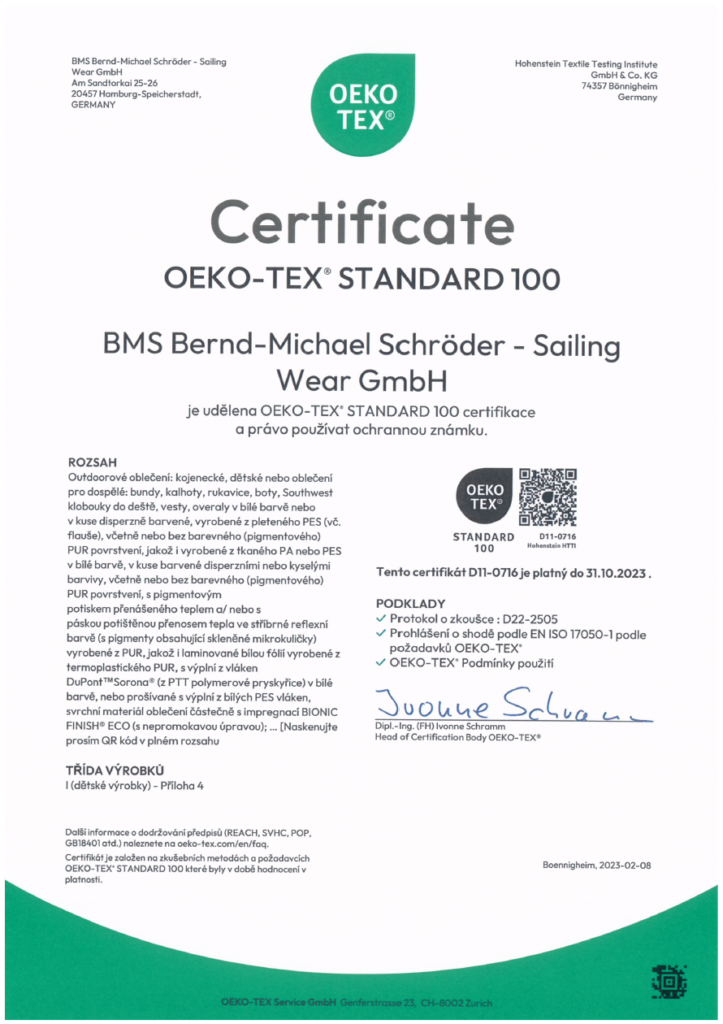 Zertifikat OekoTex Standard 100 Produktklasse 1